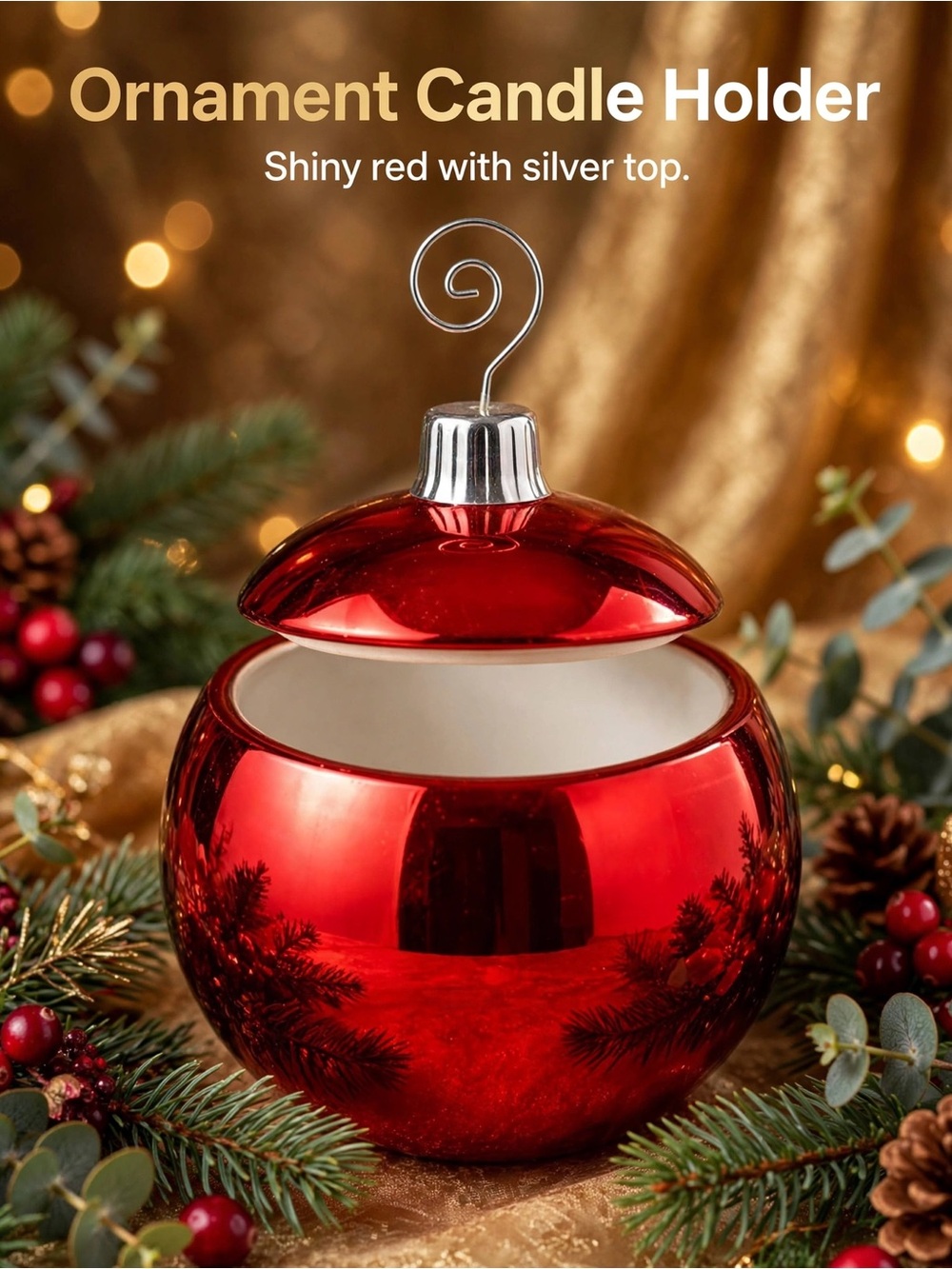 Ornament Candle Holder - Shiny Red with Silver Top